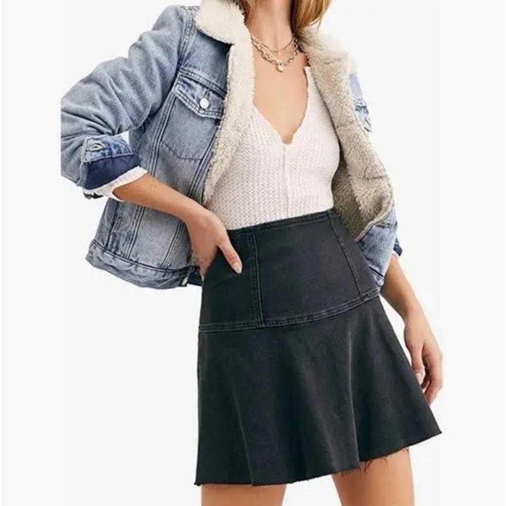NWT FP We The Free Highlands Denim Raw Hem Mini Skirt Forest Black Size 4